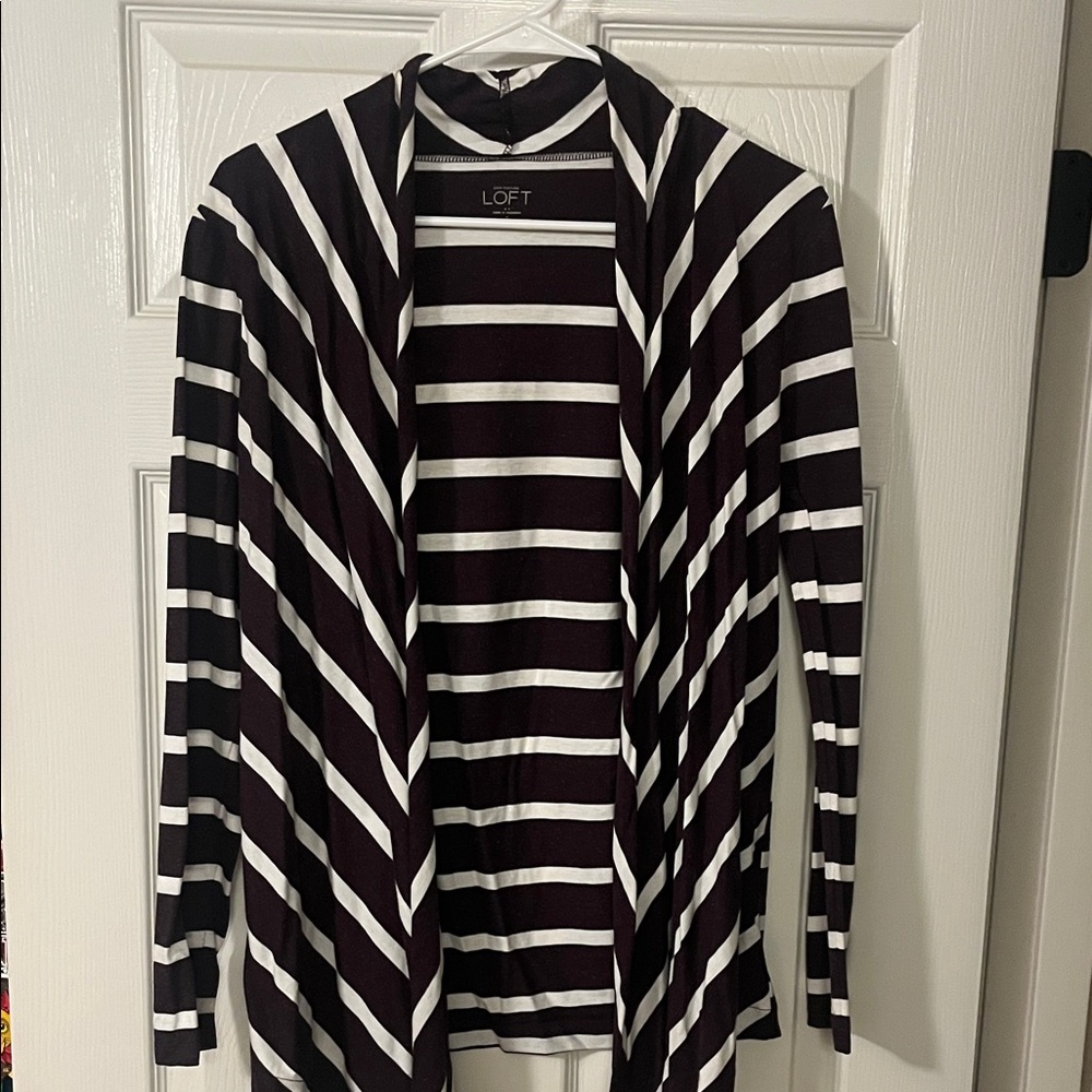 LOFT Maroon and White Striped Open Cardigan